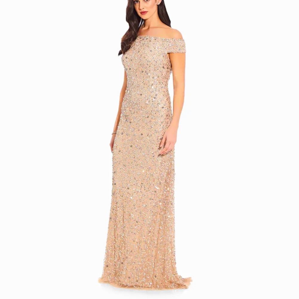 Adriana Papell Off Shoulder Champagne Sequinned Gown